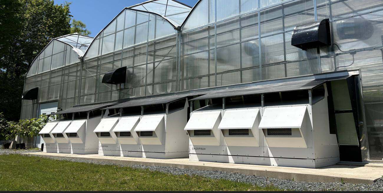 Serres de la Vallée du Moulin : batterie de modules ENERPROX en périphérie des serres.