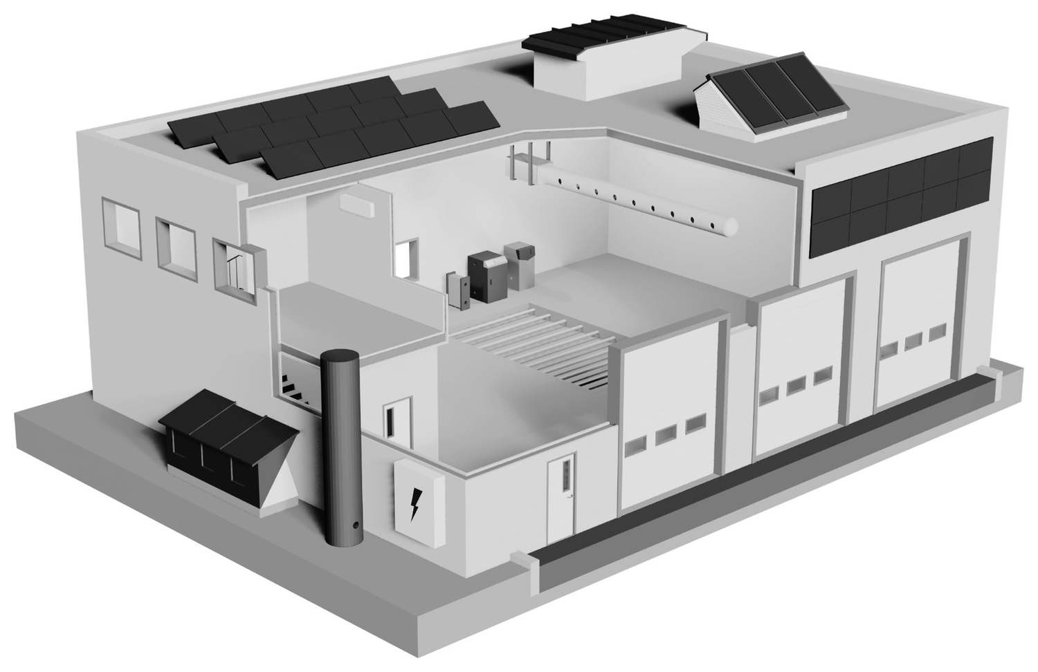 Vue en coupe d’un bâtiment commercial équipé du système ENERPROX : panneaux solaires en toiture et en façade, modules Thermo, centrale de traitement d’air, réserve thermique, batterie, plancher chauffant et ventilo-convecteur.